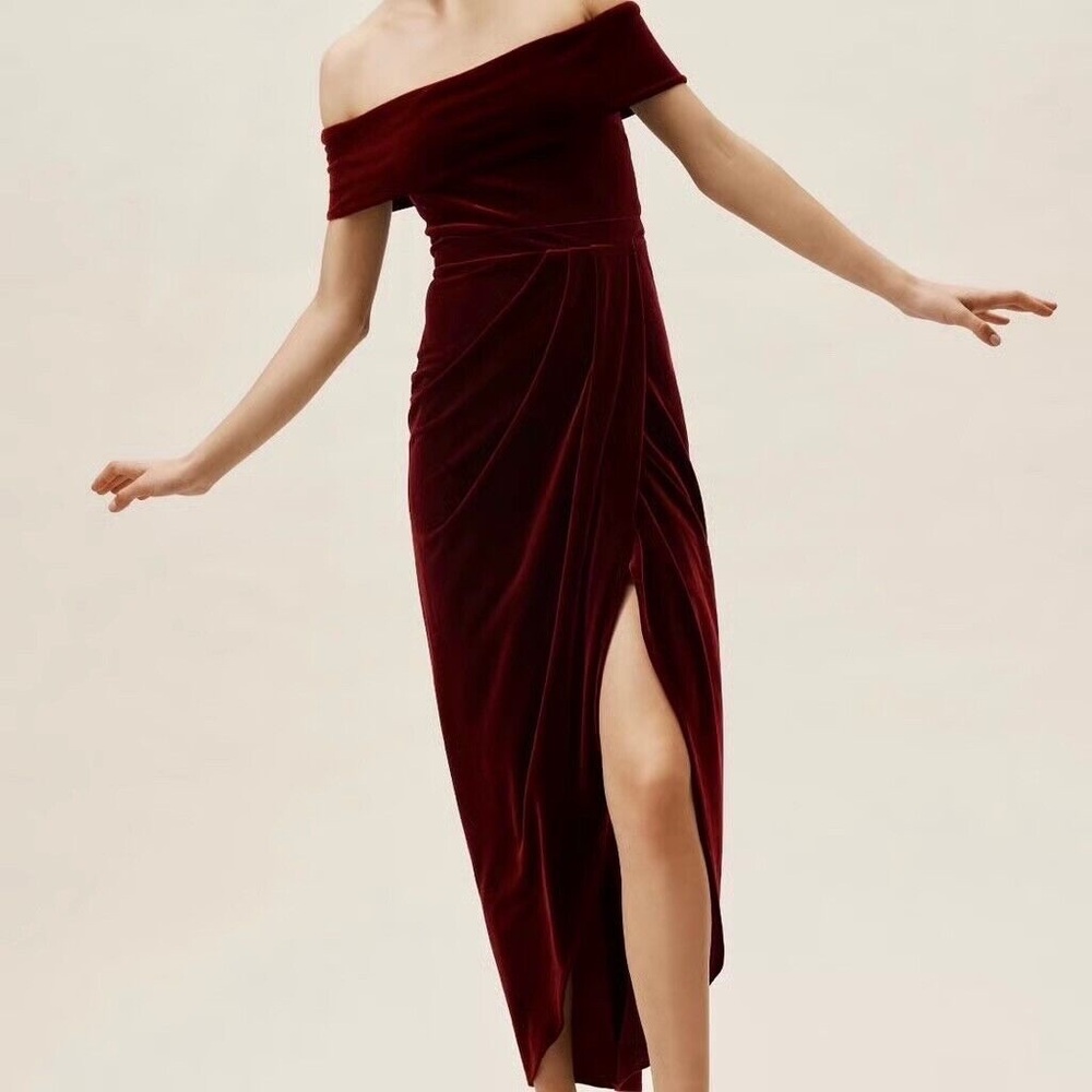 BHLDN Elegant Off-Shoulder Burgundy Dress